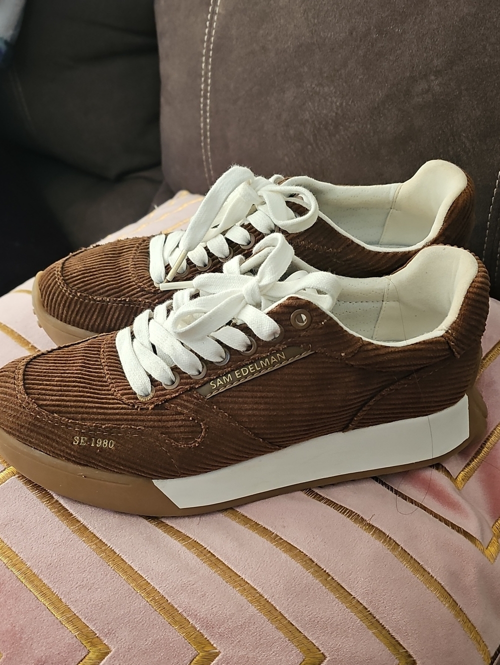 Sam Edelman Brown Corduroy Low-Top Sneakers with White Accents